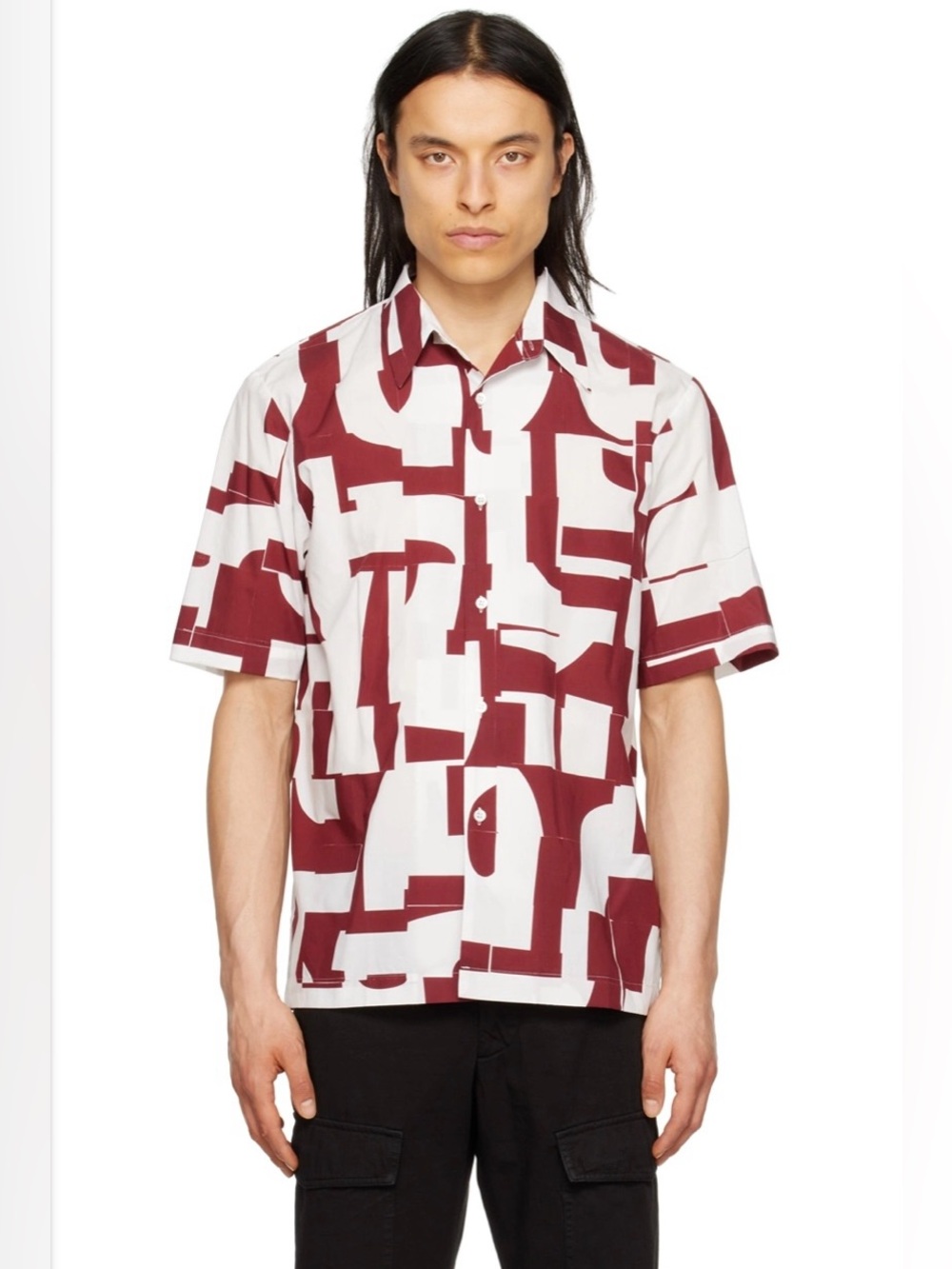 Dries Van Noten white and burgundy graphic short sleeve shirt. Size 46 IT